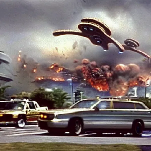 Image similar to mothership from independence day (1996) destroying a mcdonalds