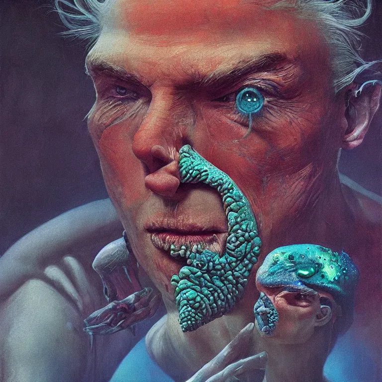 Image similar to Hyperrealistic intensely colored close up studio Photograph portrait of a deep sea bioluminescent Chad Everett, symmetrical face realistic proportions eye contact, sitting in His throne underwater, award-winning portrait oil painting by Norman Rockwell and Zdzisław Beksiński vivid colors high contrast hyperrealism 8k
