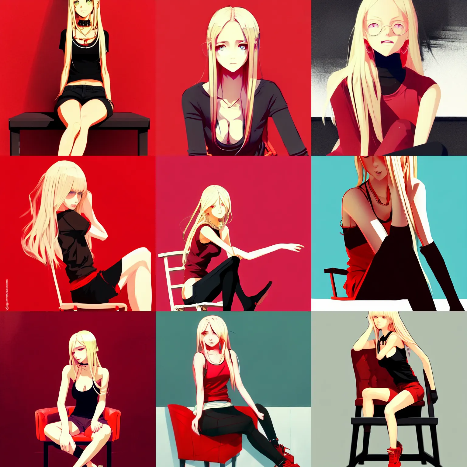 Prompt: sexy girl with long blonde hair, wearing a low cut tanktop, sitting in a chair, red and black color palette, in the style of and ilya kuvshinov and greg rutkowski, high quality anime artstyle, intricate