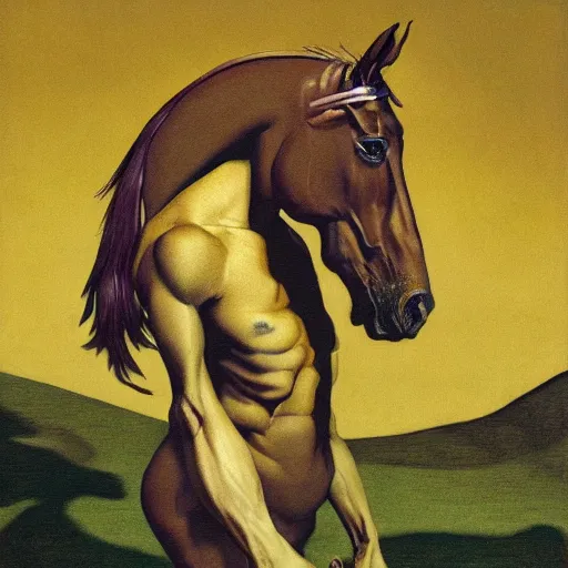 Prompt: ripped physique portrait horse-face Nightmarish Horse Man Warlock the Bobby Fischer camouflaged as a Pony wearing a yellow hoodie eyvind earle greg rutkowski edgar degas andrew wyeth giorgio de chirico