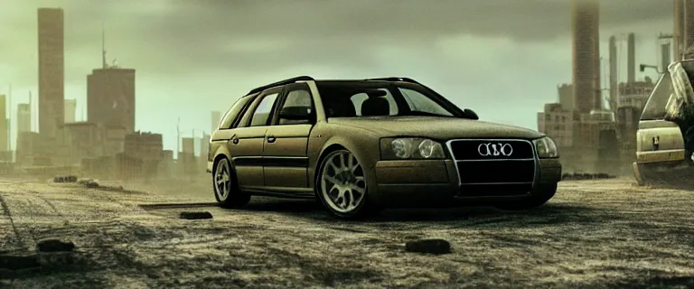 Prompt: Audi A4 B6 Avant (2002), a post apocalyptic, dramatic lighting, cinematic, establishing shot, extremly high detail, photorealistic, cinematic lighting, artstation, style by greg rutkowsky, Max Payne (PC) (2001) landscape
