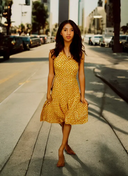 Image similar to portrait photo of a beautiful brown hair woman in a yellow sun dress in downtown Los Angeles, Kodak Portra 400 film