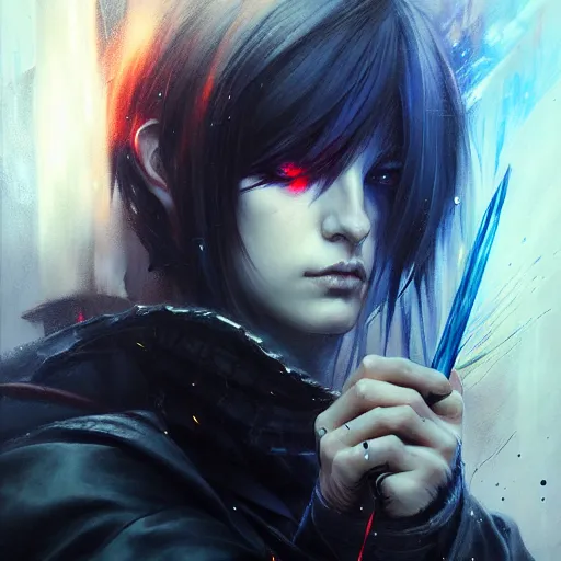 Image similar to edgy jrpg character holding bloodsword, hyperrealistic portrait, bladerunner street, by karol bak and agnes cecile, fantasy art, photo realistic, dynamic lighting, artstation, poster, volumetric lighting, very detailed face, 8 k, award winning