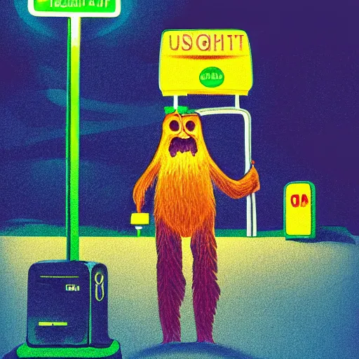 Image similar to sasquatch at the gas station at night, colourful, illustration