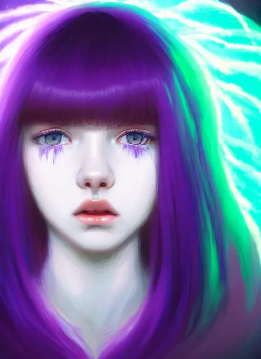 Image similar to hair whitebangs hair, black hair, whitebangs, portrait of teenage girl with white bangs, red irises, purple clothes, white bangs, bangs are different color from hair, intricate, elegant, glowing lights, highly detailed, digital painting, artstation, concept art, smooth, sharp focus, illustration, art by wlop, mars ravelo and greg rutkowski