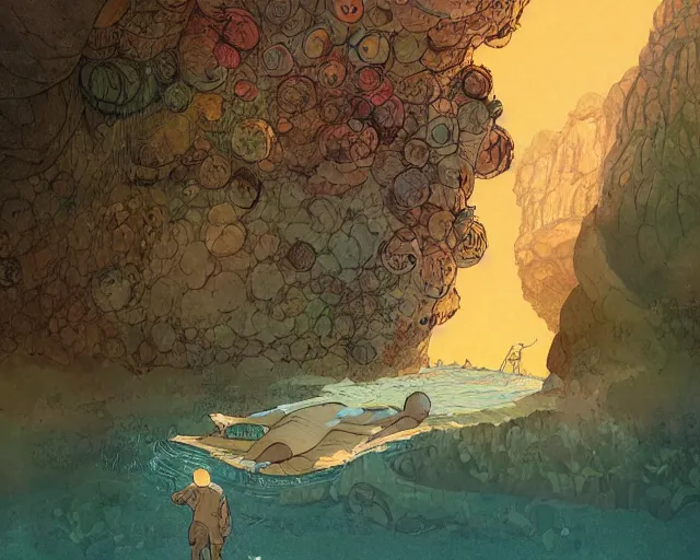 Image similar to a boy sneaking behind a giant sleeping cyclops, in a cave by the water, digital art, illustrated by james gurney and victo ngai