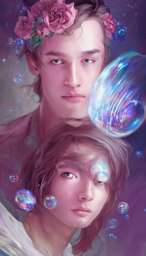 Prompt: man gets samsung galaxy 2 2, dreamy and ethereal, expressive pose, big pink eyes, exciting expression, fantasy, intricate, elegant, many rainbow bubbles, rose tones, highly detailed, digital painting, artstation, concept art, cyberpunk wearing, smooth, sharp focus, illustration, art by artgerm and greg rutkowskiand alphonse mucha