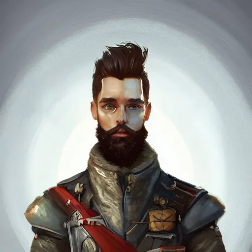 Prompt: portrait of a Germanic man with a beard and flight suit, D&D, sci-fi, elegant, hopeful, muscular, highly detailed, digital painting, artstation, concept art, smooth, sharp focus, illustration