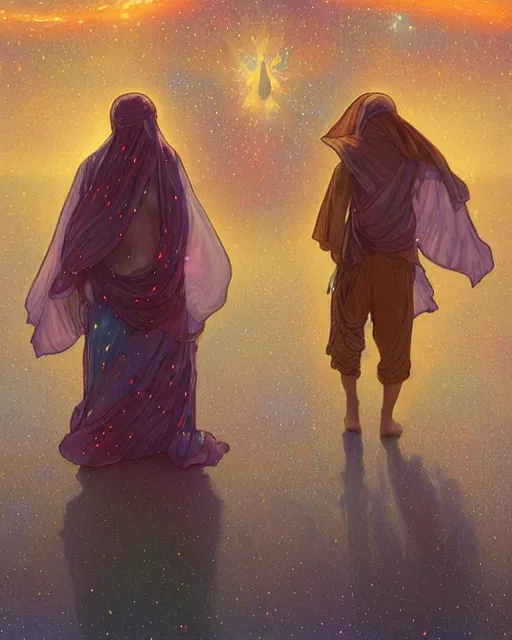 Image similar to bedouin man and woman and child in galaxy walking towards mosque surrounded by nebula, highly detailed, gold filigree, romantic storybook fantasy, soft cinematic lighting, award, disney concept art watercolor illustration by mandy jurgens and alphonse mucha and alena aenami, pastel color palette, featured on artstation