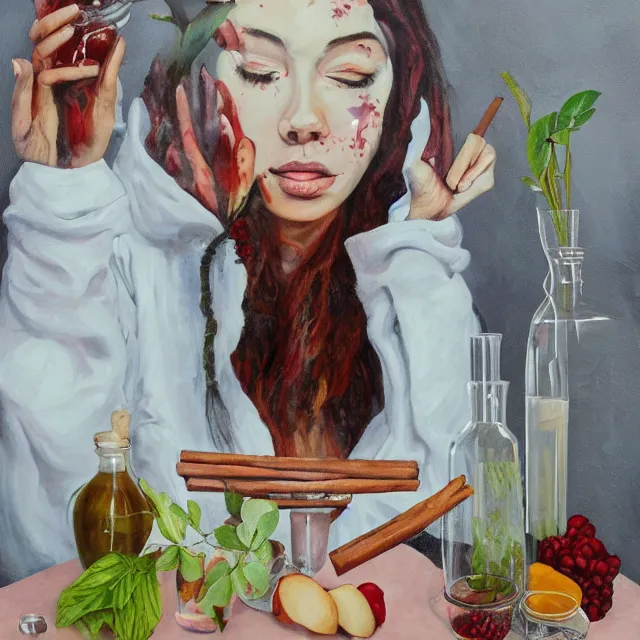 Prompt: sensual, a portrait in a female art student's apartment, berry juice drips, pancakes, soymilk, cinnamon sticks, star anise, maple syrup, woman holding pork from inside a painting, berries, alpaca, houseplants in scientific glassware, art supplies, white candles, neo - expressionism, surrealism, acrylic and spray paint and oilstick on canvas
