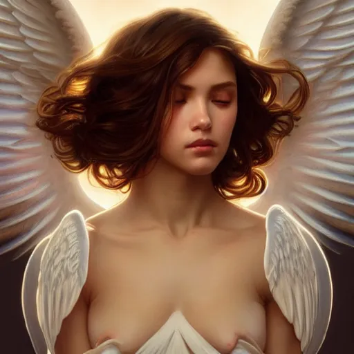 Image similar to wide angle full body portrait of an angel with a perfect face and perfect body, intricate, highly detailed, digital painting, artstation, concept art, smooth, sharp focus, illustration, Unreal Engine 5, 8K, art by artgerm and greg rutkowski and alphonse mucha