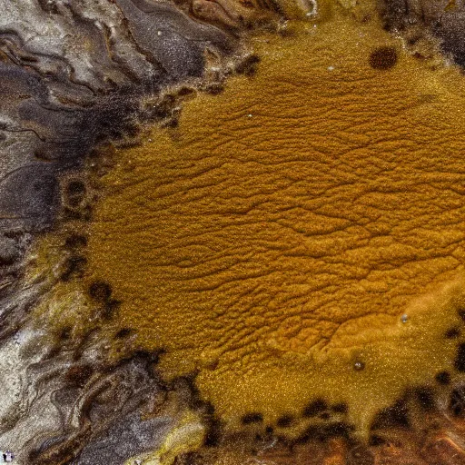 Prompt: a yellow and brown bacterial mat at a yellowstone hotspring, macro photography, extremely detailed