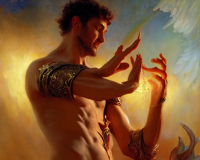 Image similar to attractive male deity, casting demonic magic, summoning handsome lucifer morning star. highly detailed painting by gaston bussiere, craig mullins, j. c. leyendecker 8 k