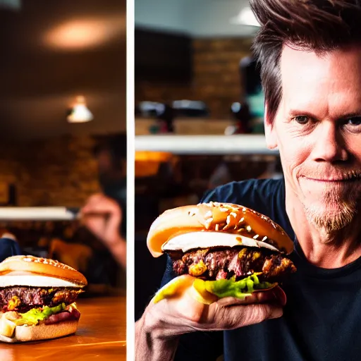 Image similar to kevin bacon profile portrait eating bacon burger soda fries, award winning food photography