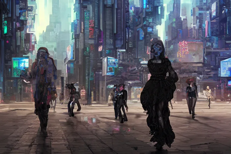 Prompt: Elimination of humanity, very highly detailed face's and body's. Digital concept art with Voxel graphics by Caravaggio, Details by Hummingfluff , cyan dimensional light, , Cyberpunk city as Background by Hiromasa Ogura