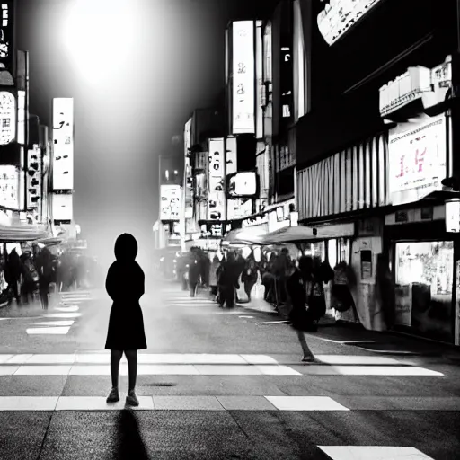 Prompt: a young japanese girl standing in the middle of a tranquil nighttime tokyo street. neon signs light the fog with volumetric rays.