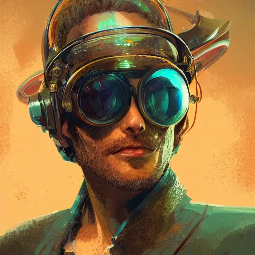 Image similar to a head and shoulders portrait of a space cowboy, neon, retro, steampunk, smooth, sharp focus, intricate, artstation, detailed concept art by Marc Simonetti