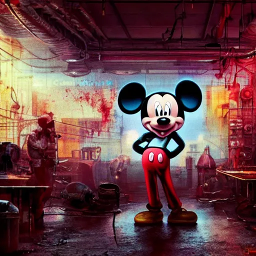 Prompt: a giant mickey mouse head, factory floor, surrounded by factory workers, octane render, cgstation, 3 d render, very detailed, mindblowing, blood and guts, gritty, cyberpunk, cinematic lighting, hyper realism, netflix logo