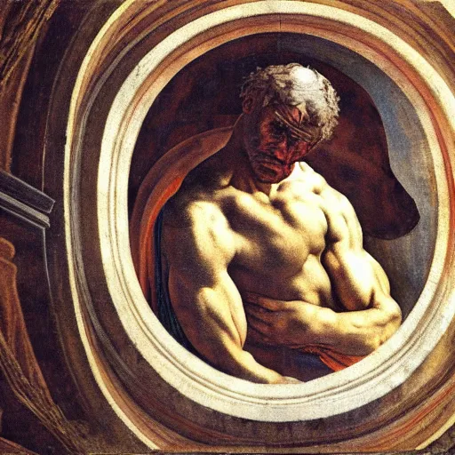 Prompt: scared man staring up, high detail painting by michelangelo