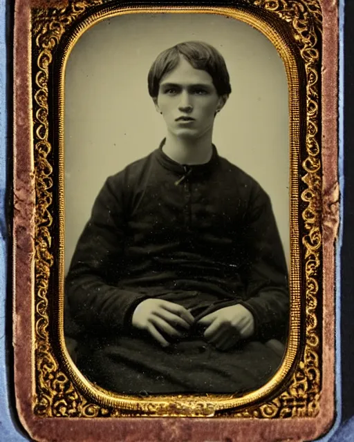 Image similar to tintype photo of alyosha karamazov, innocent young russian man, by julia margaret cameron 1 8 8 0 s, realistic, body shot, sharp focus, 8 k high definition, insanely detailed, intricate, elegant