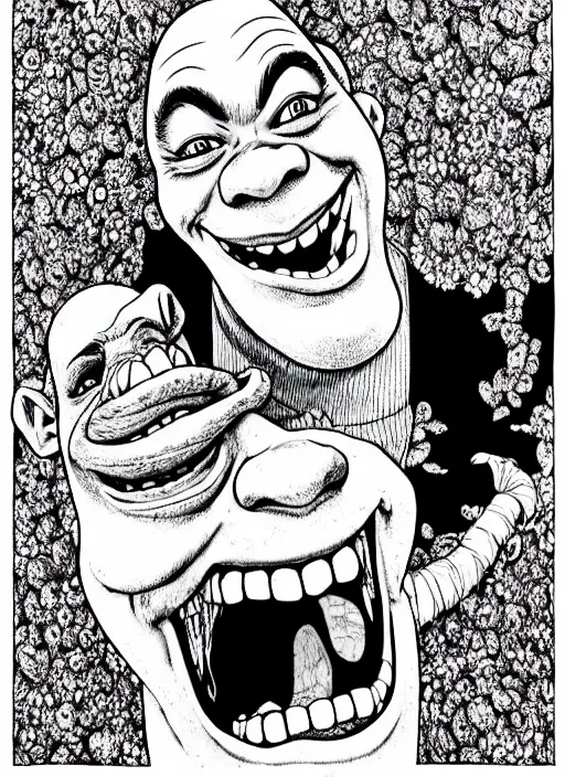 Image similar to portrait of shrek laughing, intricate, highly detailed, illustration, art by junji ito, junji ito