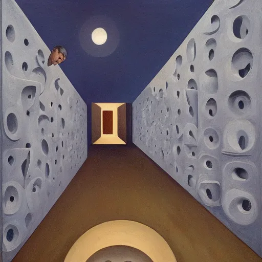 Image similar to first - person view of a stark concrete maze with people looking into portholes, grant wood, pj crook, edward hopper, oil on canvas