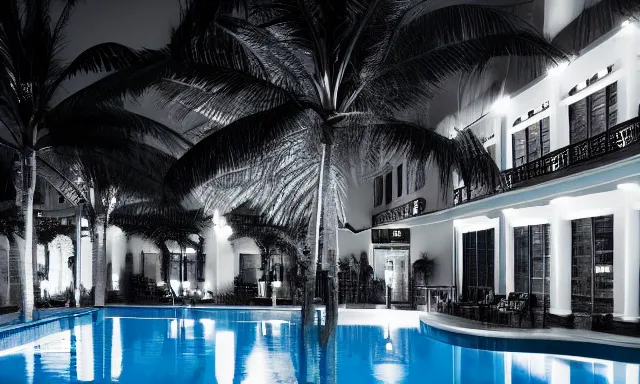 Prompt: indoor pool with ferns and palm trees at night, shops, pool tubes, chromatic abberation, dramatic lighting, depth of field, 80s photo