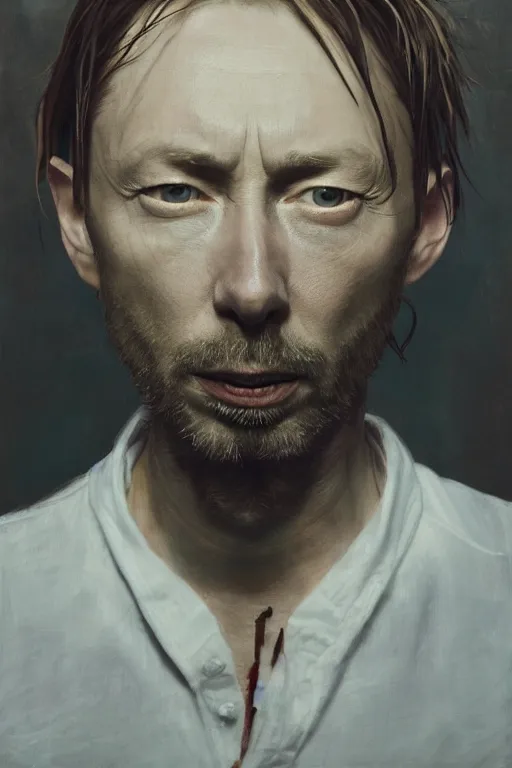 Prompt: thom yorke, a portrait of thom yorke, clear thom yorke's face, vivid colors, soft lighting, atmospheric, cinematic, moody, in the style of jenni saville and krenz cushart, oil on canvas, 8 k