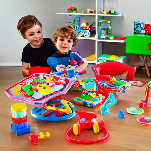 Prompt: “ a group of tinker toys seated around a toy table eating toy food”