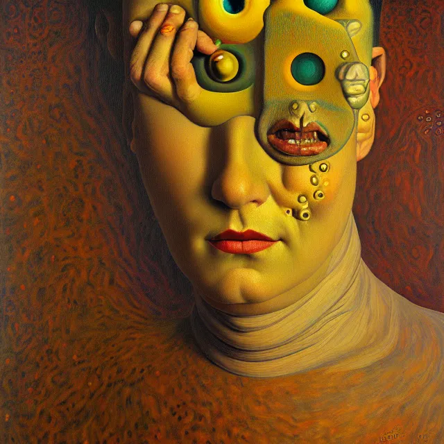 Image similar to an oil on canvas portrait painting, polycount, surrealism, surrealist, cosmic horror, grant wood, gustav klimt, high detail