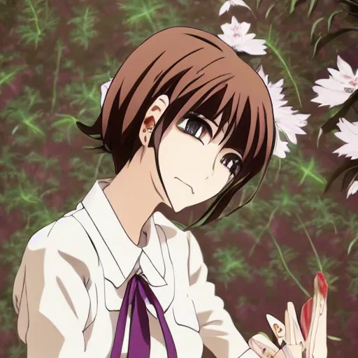 Image similar to Detailed anime key visual of a beautiful Japanese woman with short brown hair, shoulder-length; wearing a white shirt with a floral pattern; Official media