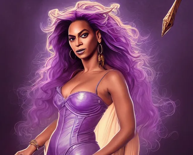 Image similar to a mind - blowing portrait of beyonce as a wizard, purple hair, bat familiar on her sholder, deep focus, d & d, fantasy, intricate, elegant, highly detailed, digital painting, artstation, concept art, matte, sharp, illustration, hearthstone, art by artgerm and greg rutkowski and alphonse mucha