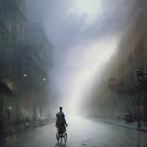 Image similar to cinematic shot epic portrait david tennant riding a bicycle in the streets, atmospheric, cloudy, broad light, ambient occlusion, volumetric light effect, made by ivan aivazovsky, peter mohrbacher, greg rutkowski, ross tran, matte painting, trending on artstation, 4 k, perfectly defined features, digital painting, cinematic, epic, highly detailed,