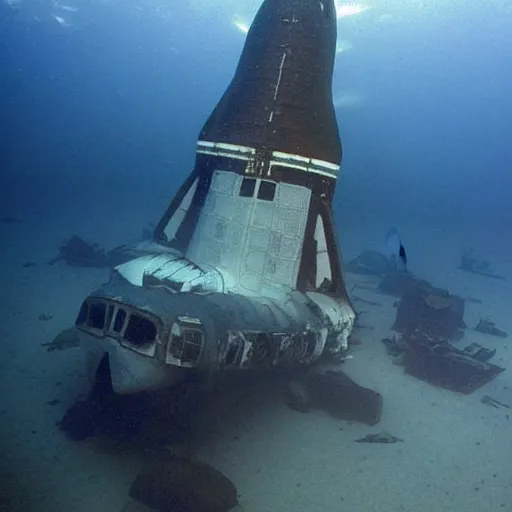 Image similar to the wreck of a Space Shuttle on the bottom of the sea, under water photography, spooky