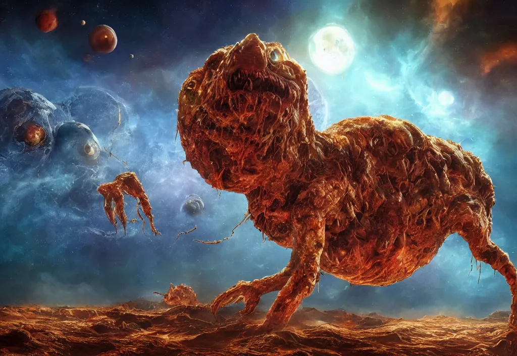 Image similar to eldritch horror bloody garfield in space, hd, 8 k, giant, epic, realistic photo, unreal engine, stars, prophecy, powerful, cinematic lighting, destroyed planet, debris, violent, sinister, ray tracing, dynamic, epic composition, dark, horrific, teeth, grotesque, monochrome drawing, hellscape