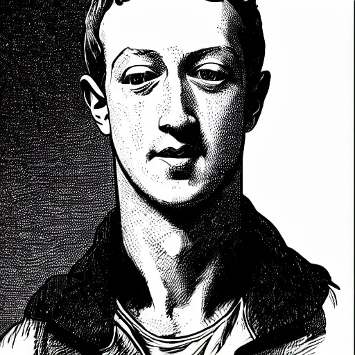 Prompt: franklin booth illustration of mark zuckerberg