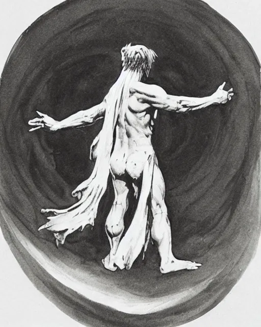 Image similar to a druid standing in a circle at the beginning of the world by frank frazetta