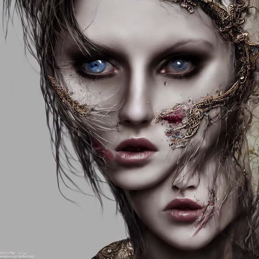 Image similar to single faced portrait of enchanting femenine witch, hyper attractive, seductive, very complex, hyper - maximalist, overdetailed, legendary cinematic, darkfantasy, archetype with timeless beauty breathtaking eyes, highly intricate, realism, perspicious detail, silent hill aesthetic, photorealistic, lifelike, dslr 8 k, unbeatable coherency, octane render