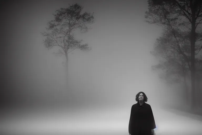 Image similar to a cinematic headshot portrait of a middle aged woman stood in a fog filled field, ultra realistic, depth, beautiful lighting