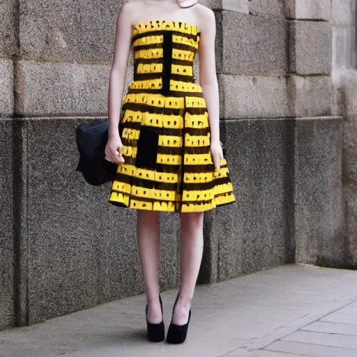 Image similar to 👗 made of 🐝 !! street style, backlit, Alexander mcqueen, Vivienne Westwood, Oscar De la Renta, Dior, high fashion photo shoot, fantasy lut,