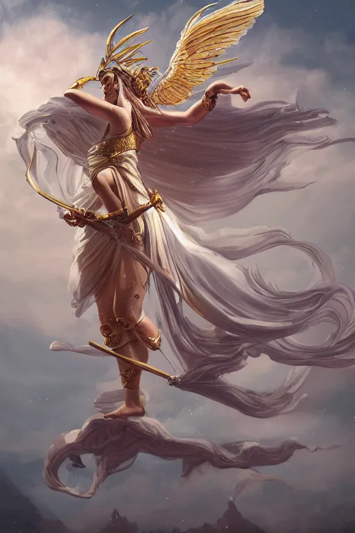 Image similar to goddess athena dancing in the wind, zodiac knight, beautiful, ethereal, gorgeous, volumetric lighting, elegant, fluid, highly detailed, digital painting, concept art, highly detailed, smooth, illustration, limited color palette, atmosphere and tension, trending on artstation