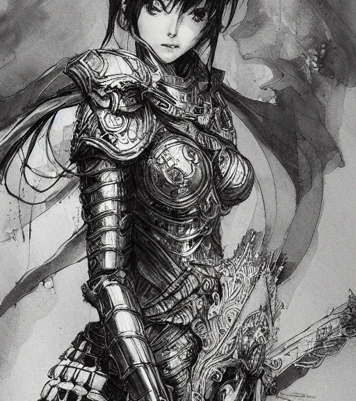 Image similar to anime woman in armor, pen and ink, intricate line drawings, by craig mullins, ruan jia, kentaro miura, greg rutkowski, loundraw