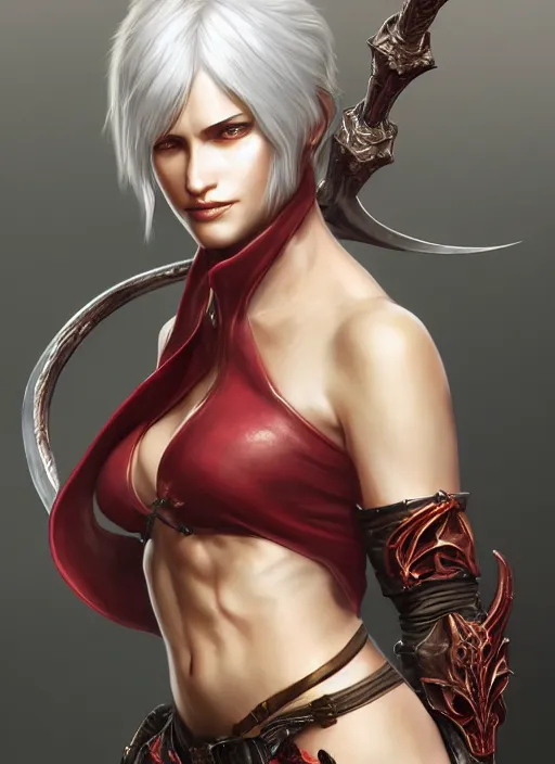 Prompt: a highly detailed illustration of female dante from devil may cry, art by artgerm and greg rutowski, intricate, elegant, highly detailed, centered, digital painting, artstation, concept art, smooth, sharp focus, league of legends concept art, wlop.