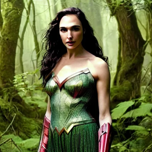 Image similar to Full body photo of the beautiful woman Gal Gadot as a dryad, she has those characteristic sparkling green eyes, she is looking straight to the camera, she has a glow coming from her, she is getting illuminated for rays of light, behind her is an ancient forest full of life, the photo was taking by Annie Leibovitz, Ellie Victoria Gale and Steve McCurry, matte painting, oil painting, naturalism, 4k, 8k