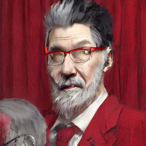 Image similar to portrait of a puppet master, grey hair and a tuxedo, harsh good looking face, middle aged, surrounded by red curtains, drawn by Ruan Jia, disco elysium style, highly detailed