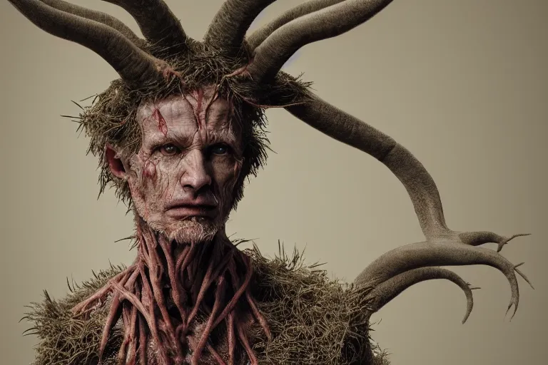 Image similar to portrait of Danny DeVity, wearing hay coat, with horns, visible muscles and veins and arteries and bones and spines and nerves, flowers growing out of his body, beautiful detailed intricate insanely detailed octane render, 8k artistic photography, photorealistic, chiaroscuro, by David Cronenberg, Raphael, Caravaggio