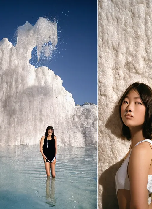 Image similar to Kodak Portra 400, 8K, soft light, volumetric lighting, highly detailed, britt marling style 3/4 ,portrait photo of teen Kasumi Arimura, the face emerges from Pamukkale, thermal waters flowing down white travertine terraces, inspired by Ophelia paint , a beautiful luxurious celestial suit and hair are intricate with highly detailed realistic beautiful flowers , Realistic, Refined, Highly Detailed, interstellar outdoor soft pastel lighting colors scheme, outdoor fine art photography, Hyper realistic, photo realistic