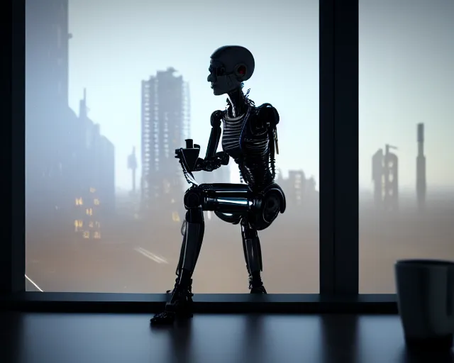 Image similar to terminator mechanical lady with borg enhancements and optical fibers is drinking coffee near a window with dystopian city visible outside. very detailed 8 k. cyberpunk fantasy style. unreal engine render. global illumination. nanite. rtx. path tracing.