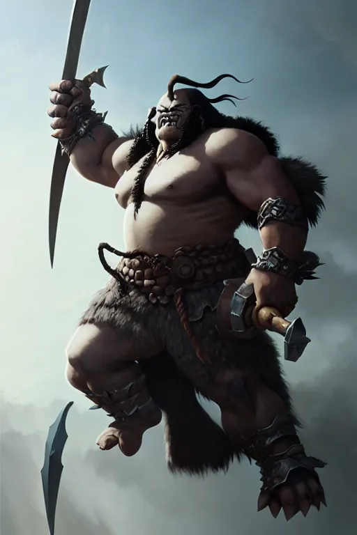 Image similar to orc barbarian wearing leather armor, full body shot, exquisite details, earth magic, mid view, design on a white background, by studio muti, greg rutkowski, makoto shinkai, takashi takeuchi, studio ghibli