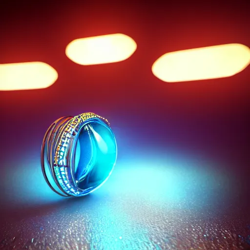 Image similar to a fantasy ring, blue glow, realistic reflections, intricate details, cinematic lighting, depth of field, octane render